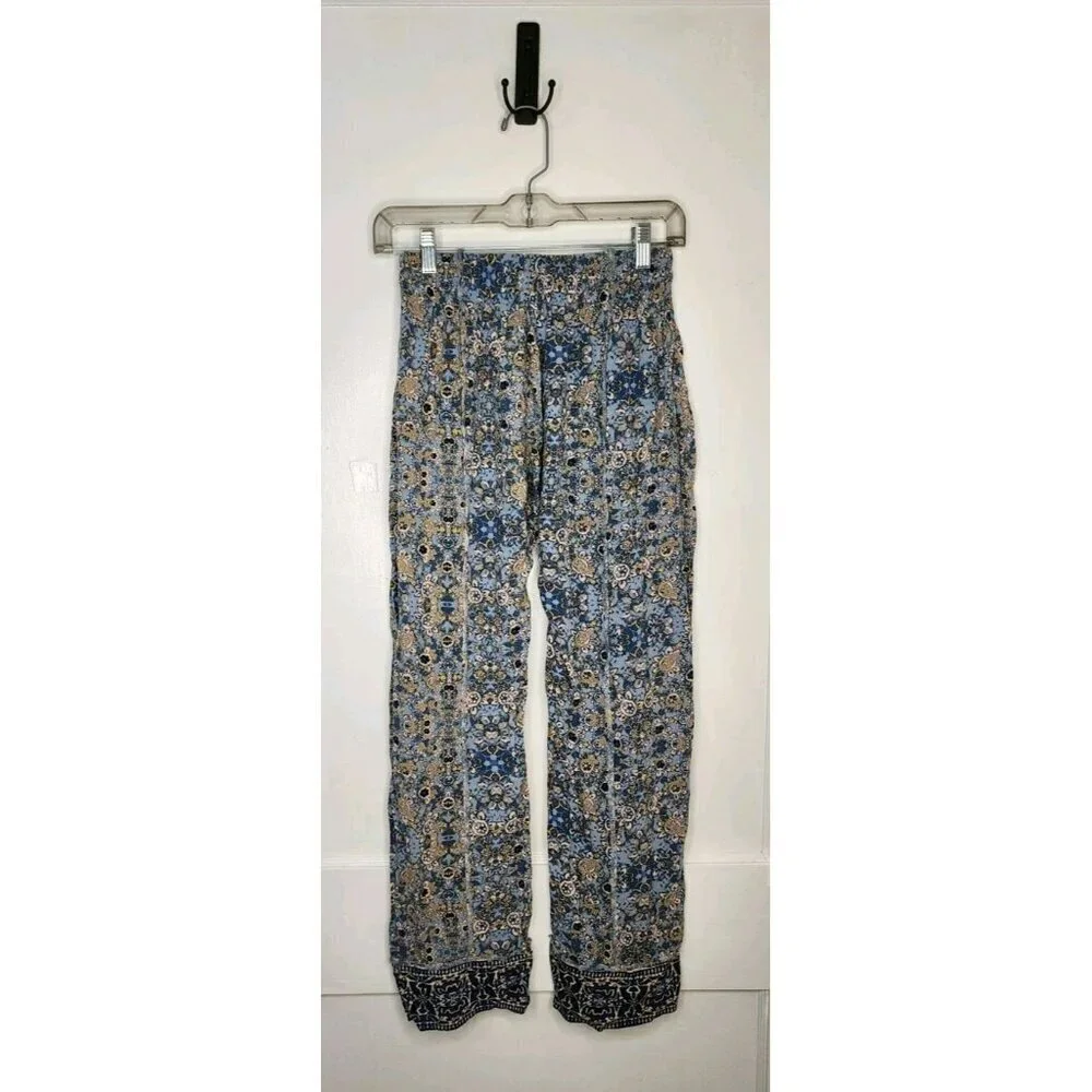 Free People Size XS Blue Mandala Paisley Linen Blend Pants Stretch